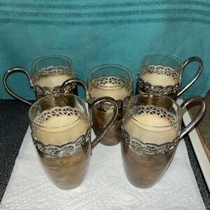 Vintage Silver Plated Glasses Set with Filigree Holders - Clear Glass